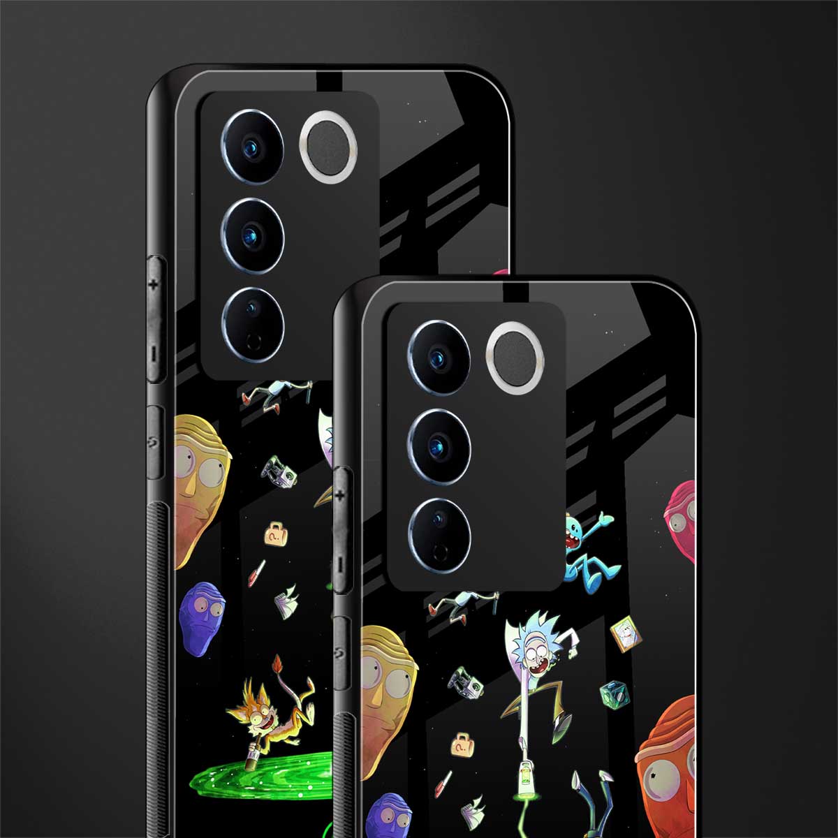 rick and morty amoled back phone cover | glass case for vivo v27 pro 5g