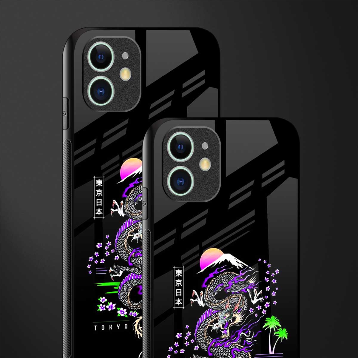 tokyo japan purple dragon black glass case for iphone 12 mini image-2