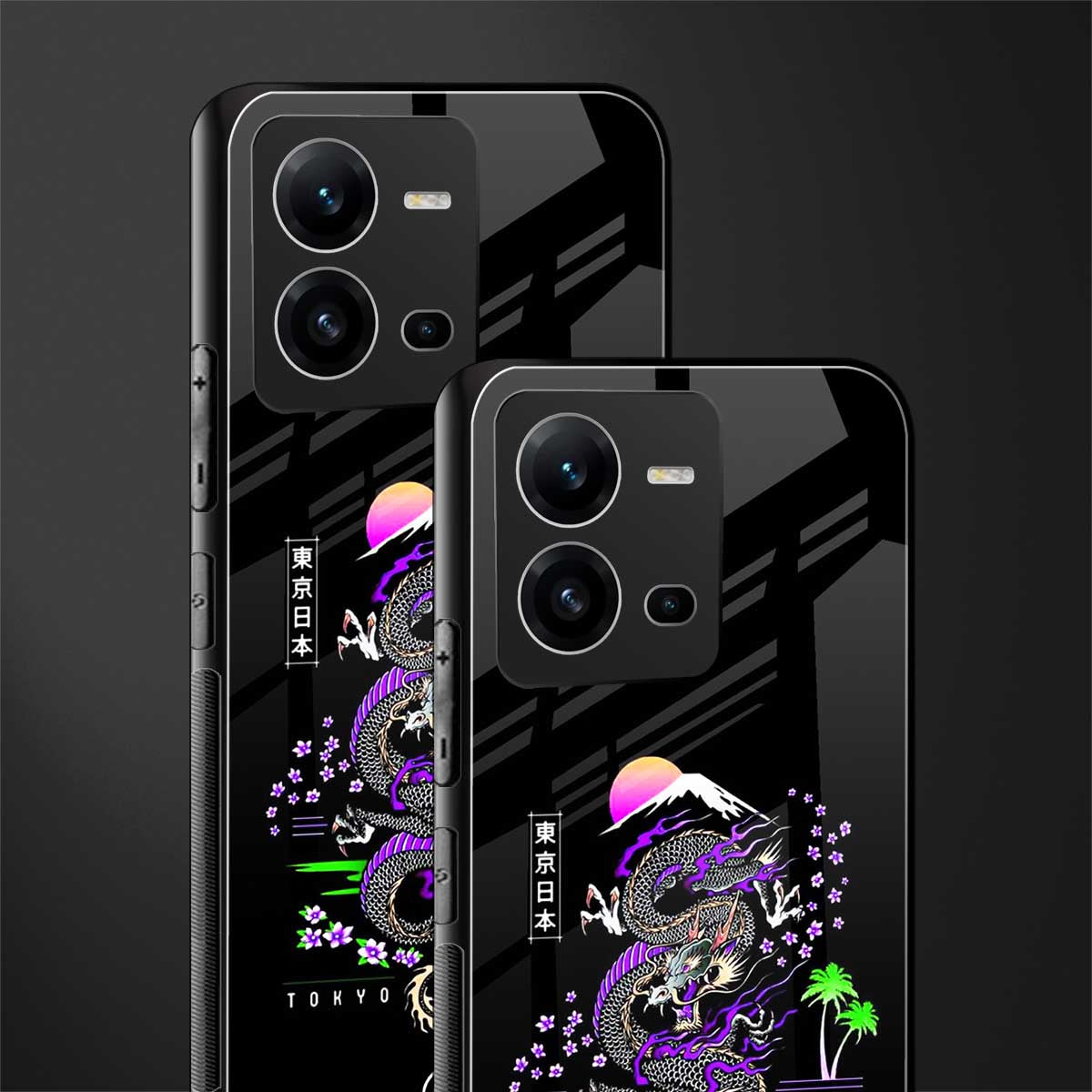 tokyo japan purple dragon black back phone cover | glass case for vivo v25-5g