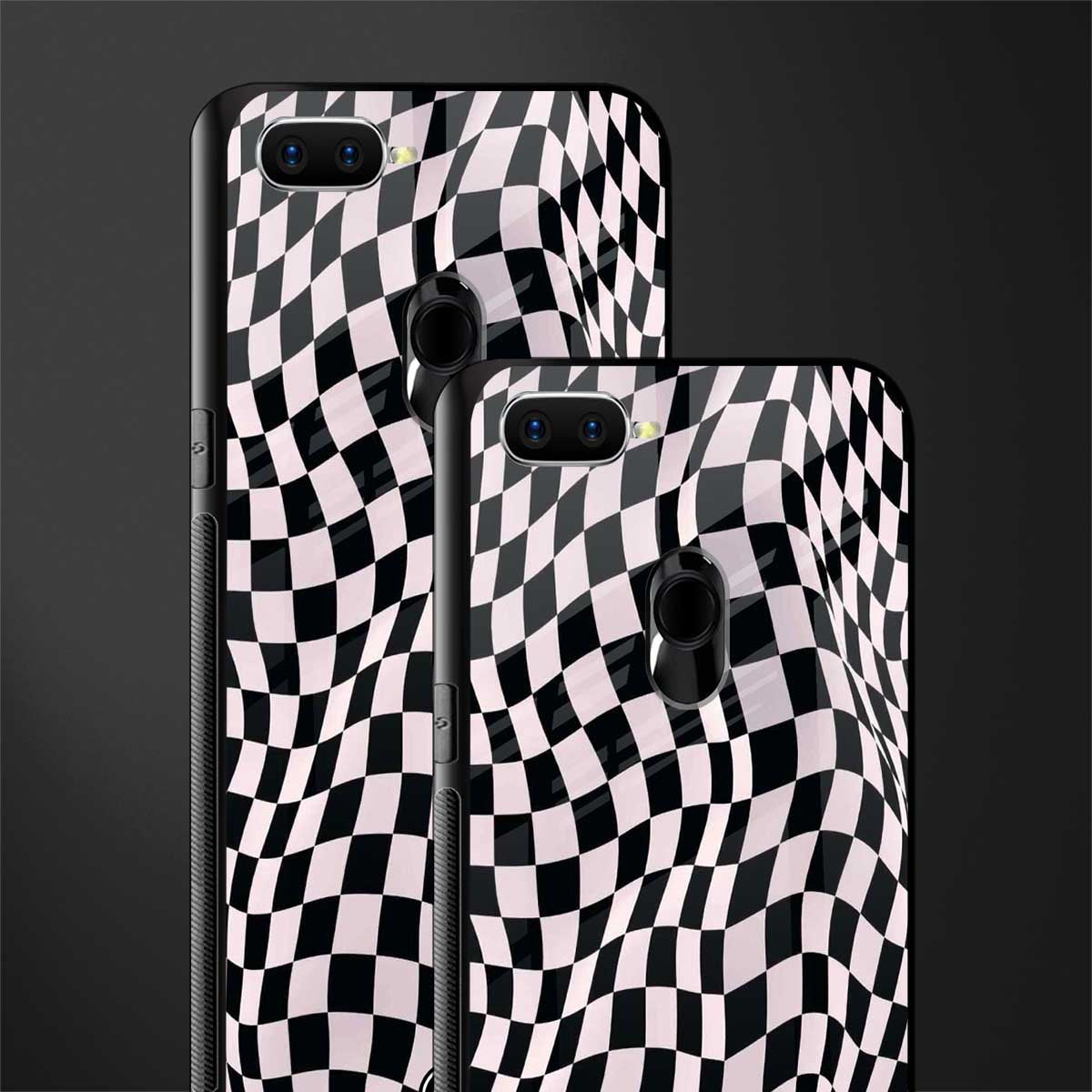 trippy b&w check pattern glass case for oppo a7 image-2