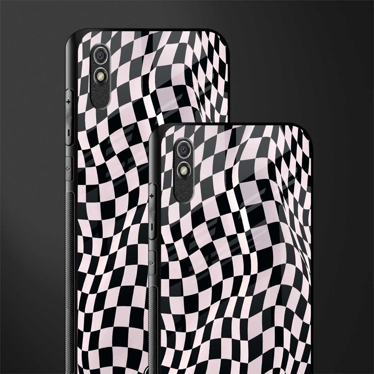 trippy b&w check pattern glass case for redmi 9a image-2