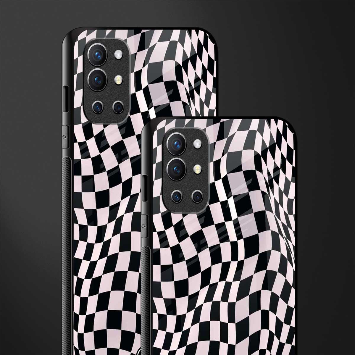 trippy b&w check pattern glass case for oneplus 9r image-2