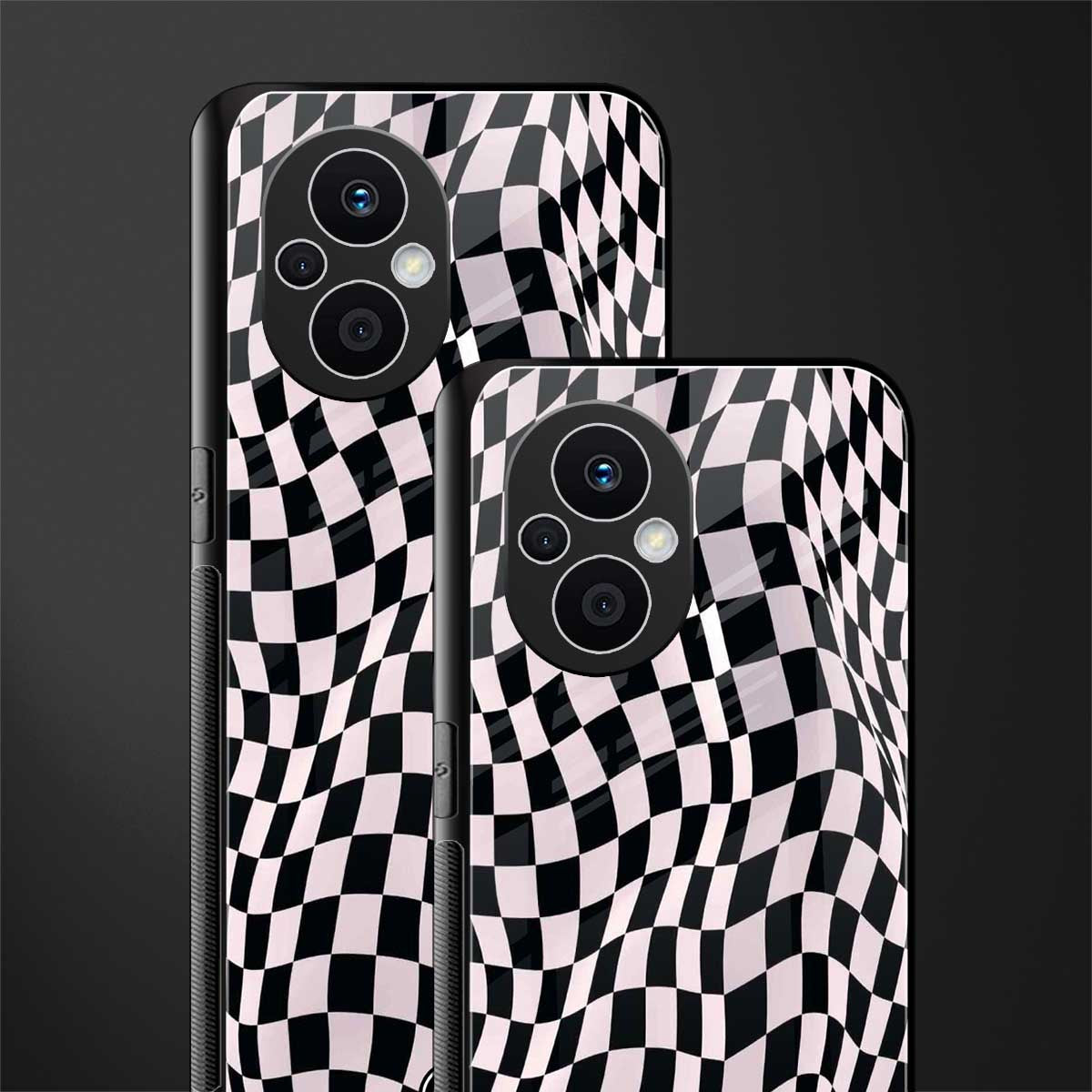 trippy b&w check pattern back phone cover | glass case for oppo f21 pro 5g