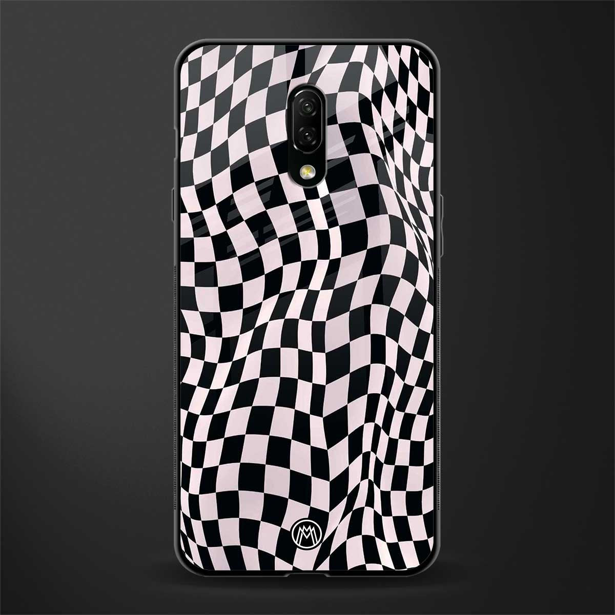 trippy b&w check pattern glass case for oneplus 7 image