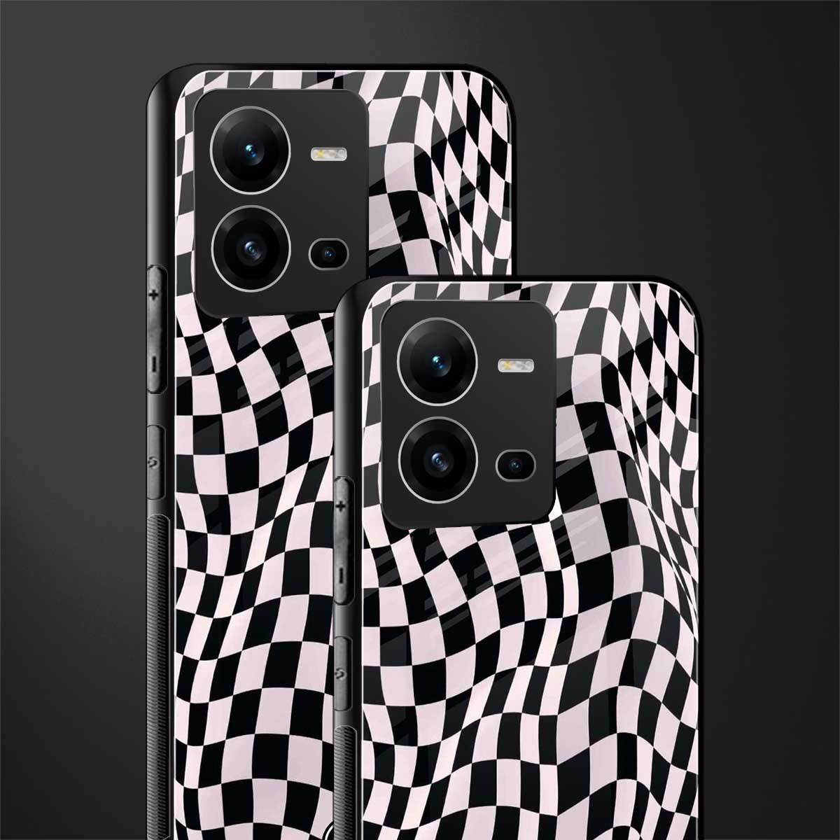 trippy b&w check pattern back phone cover | glass case for vivo v25-5g