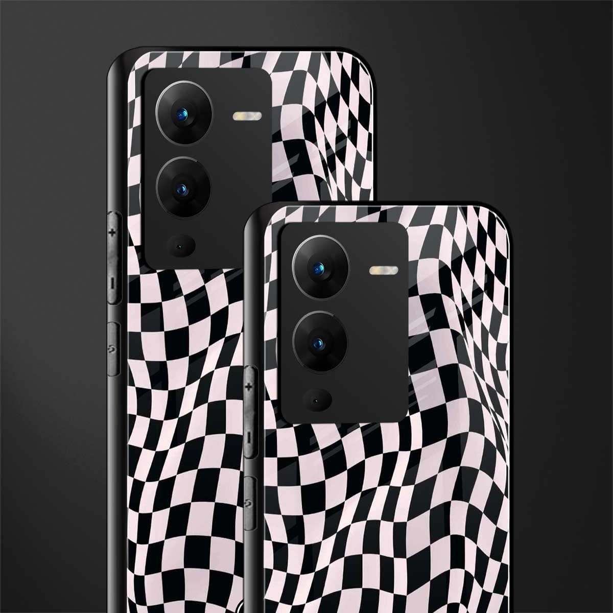 trippy b&w check pattern back phone cover | glass case for vivo v25 pro 5g