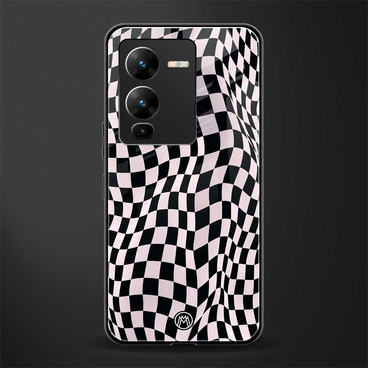 trippy b&w check pattern back phone cover | glass case for vivo v25 pro 5g