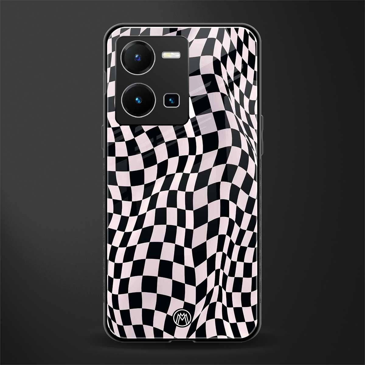trippy b&w check pattern back phone cover | glass case for vivo y35 4g
