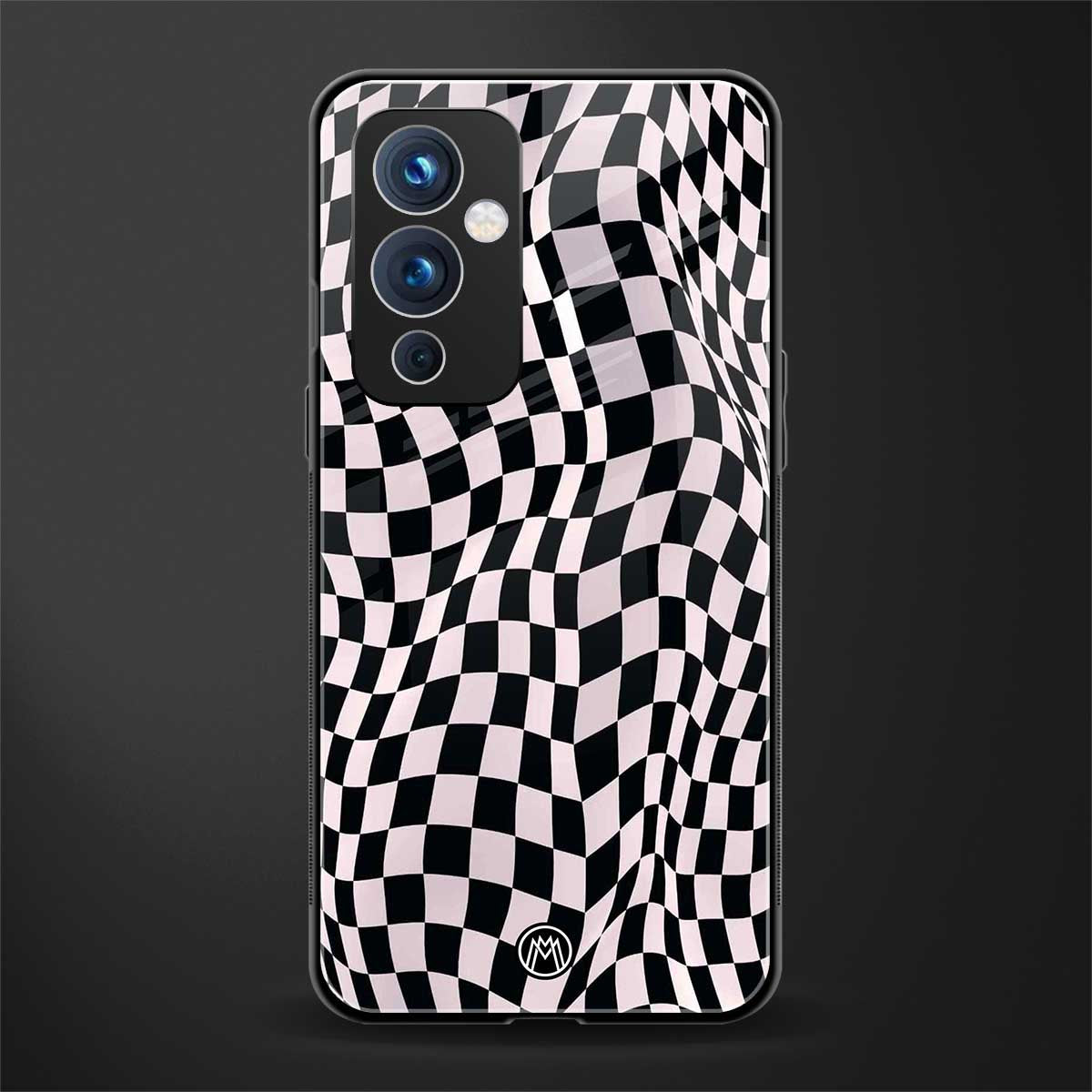 trippy b&w check pattern back phone cover | glass case for oneplus 9