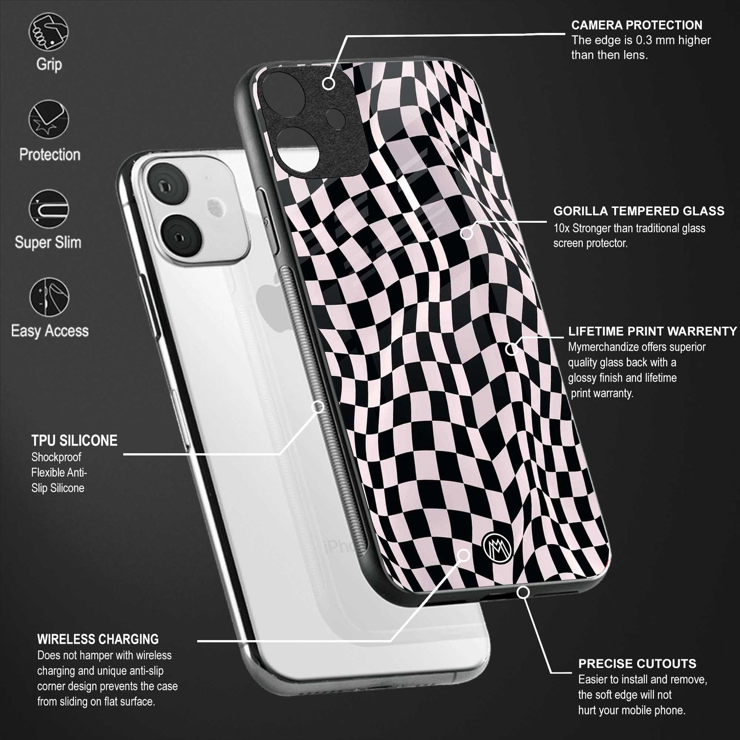 trippy b&w check pattern back phone cover | glass case for samsun galaxy a24 4g