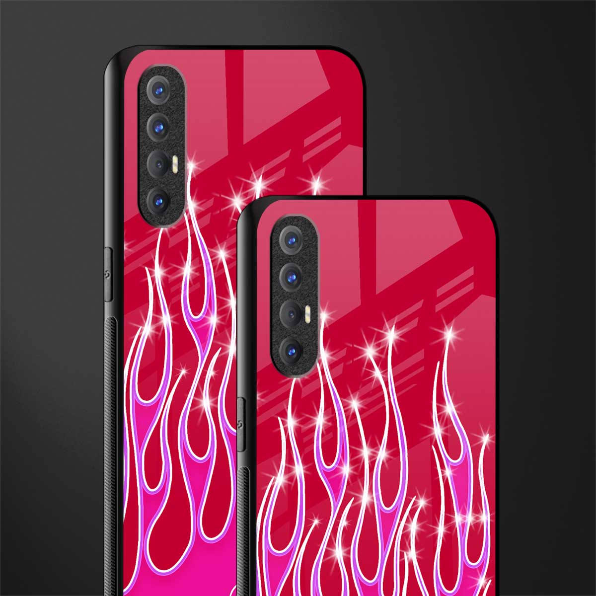 y2k magenta glittery flames glass case for oppo reno 3 pro image-2