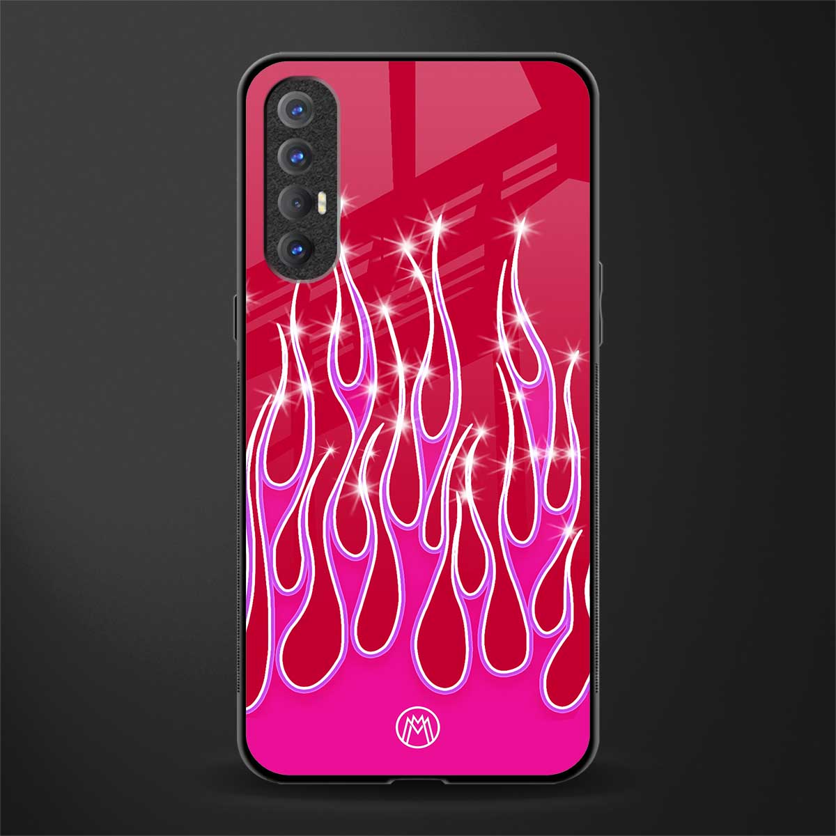 y2k magenta glittery flames glass case for oppo reno 3 pro image