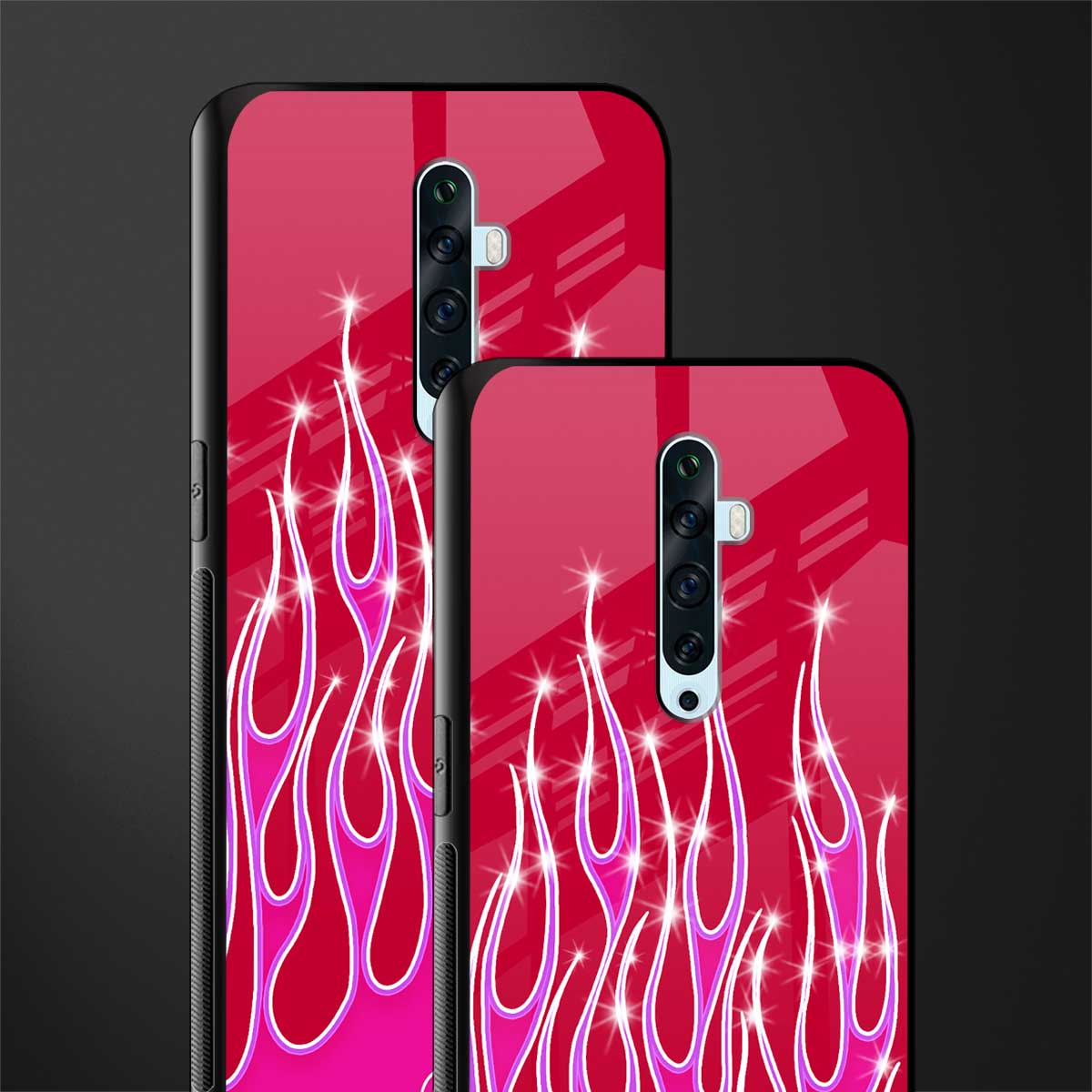 y2k magenta glittery flames glass case for oppo reno 2f image-2