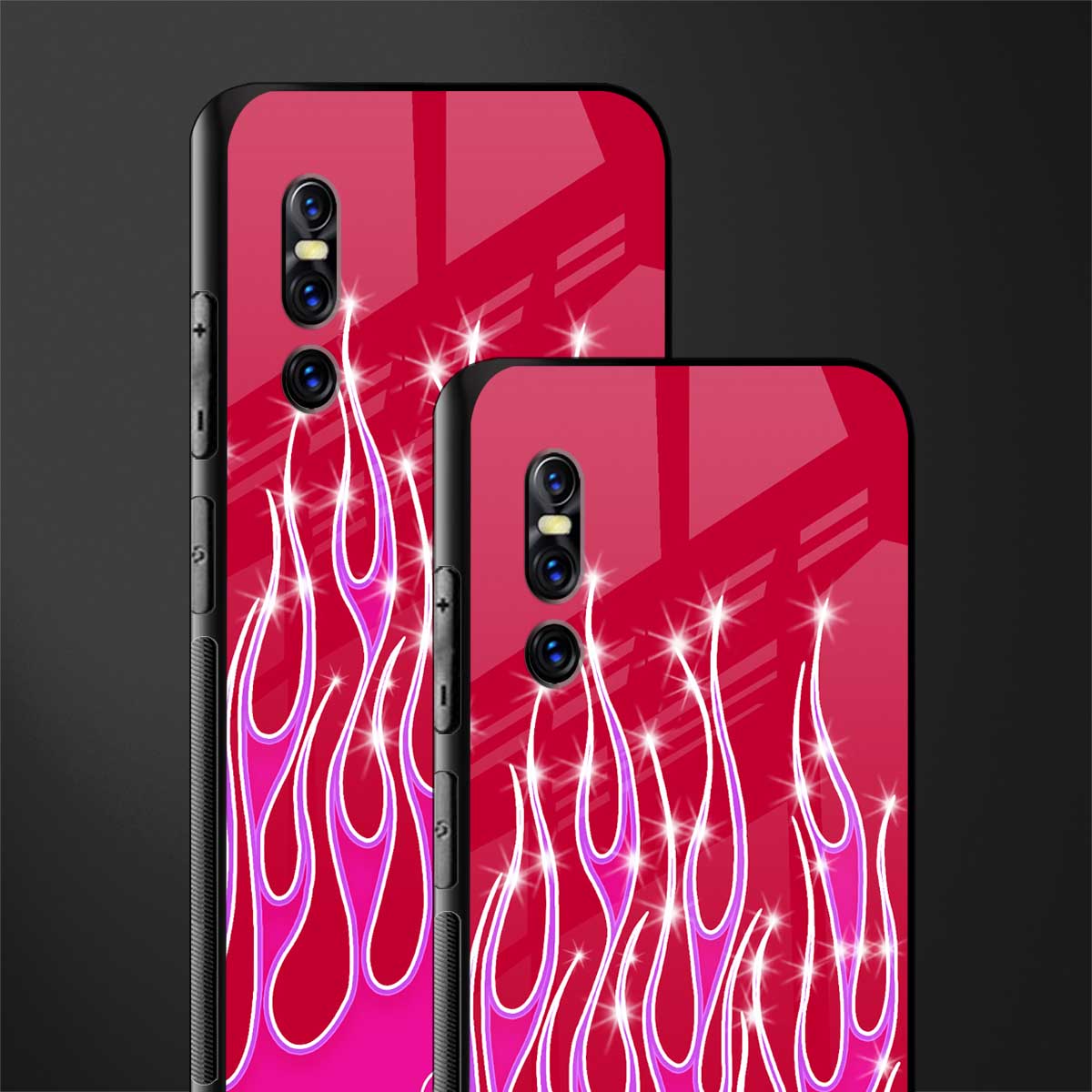 y2k magenta glittery flames glass case for vivo v15 pro image-2