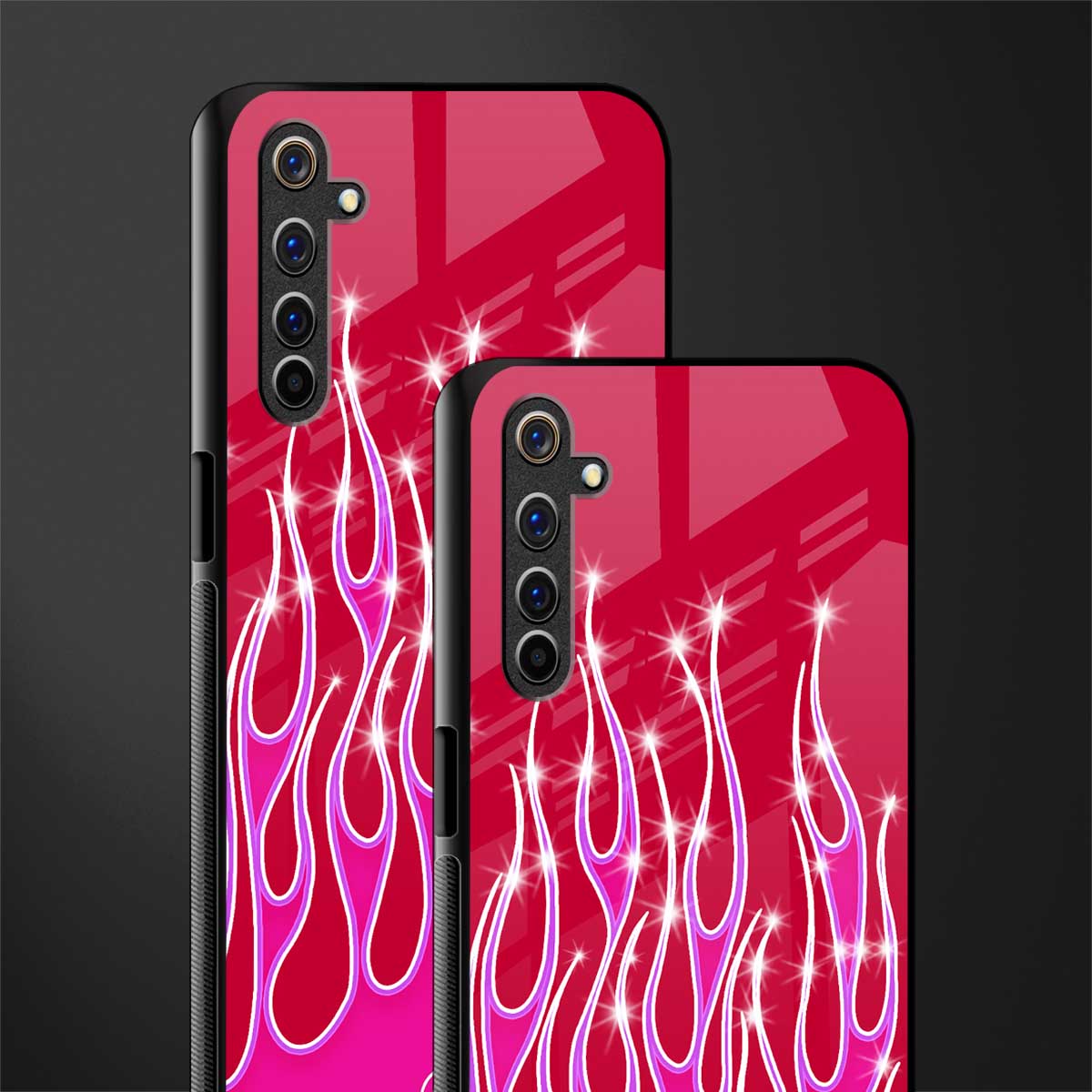 y2k magenta glittery flames glass case for realme 6i image-2