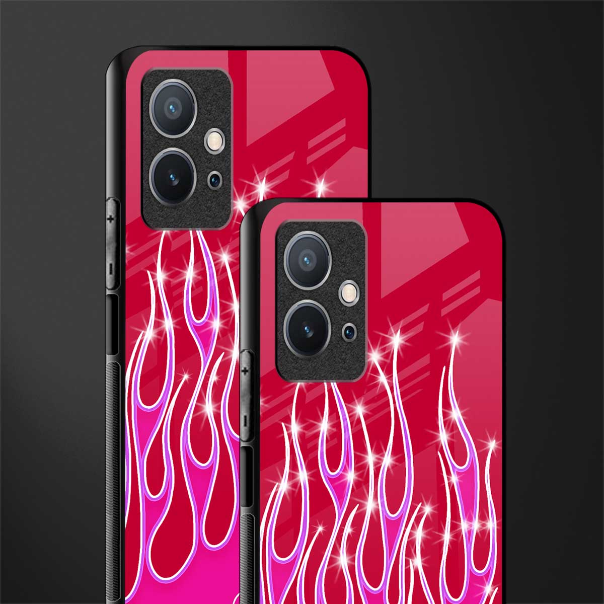 y2k magenta glittery flames glass case for vivo y75 5g image-2