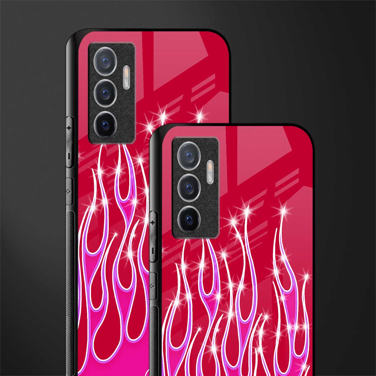y2k magenta glittery flames glass case for vivo v23e image-2