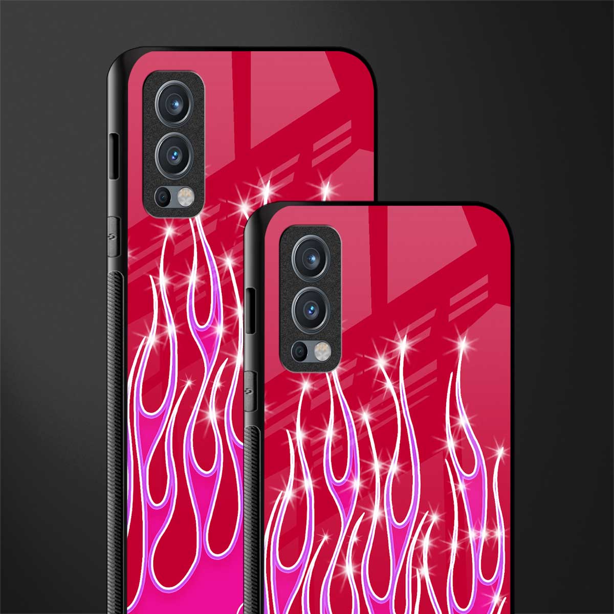 y2k magenta glittery flames glass case for oneplus nord 2 5g image-2