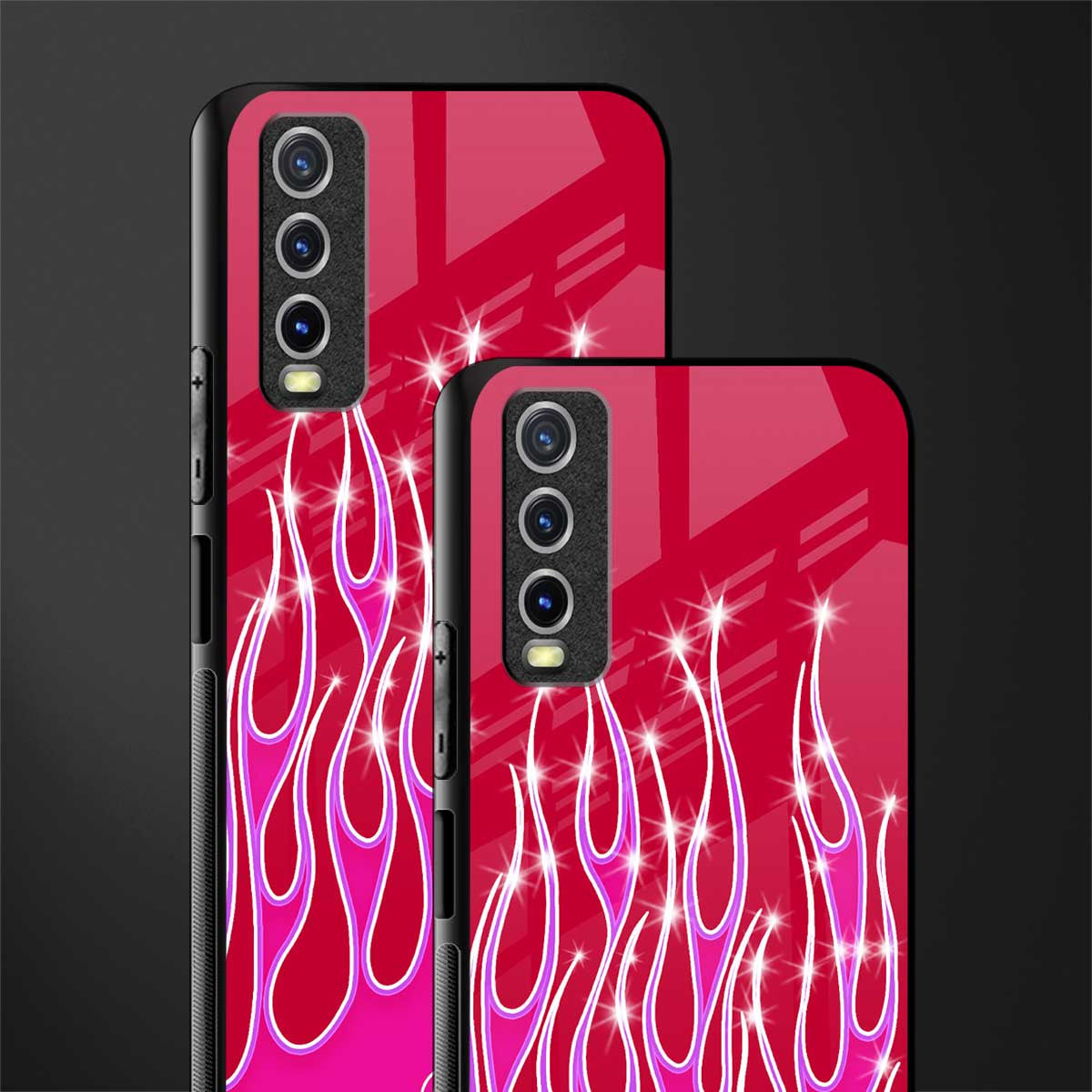 y2k magenta glittery flames glass case for vivo y12s image-2