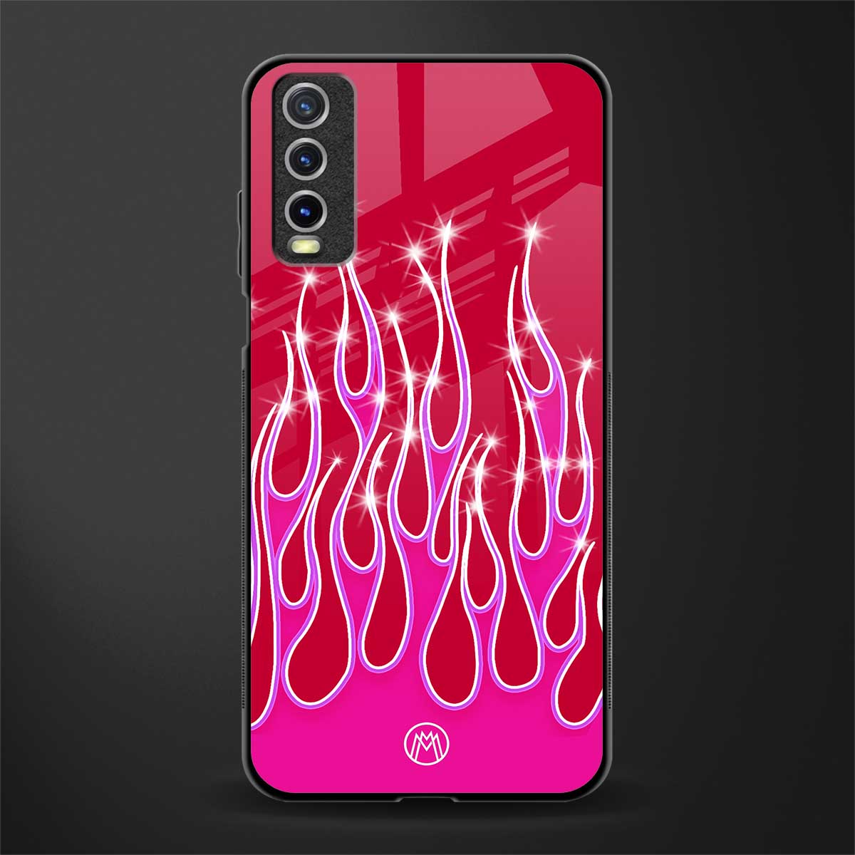 y2k magenta glittery flames glass case for vivo y20 image