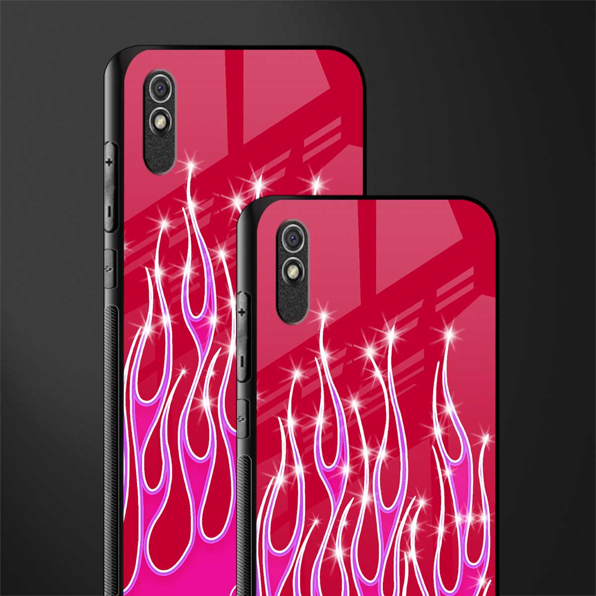 y2k magenta glittery flames glass case for redmi 9a image-2