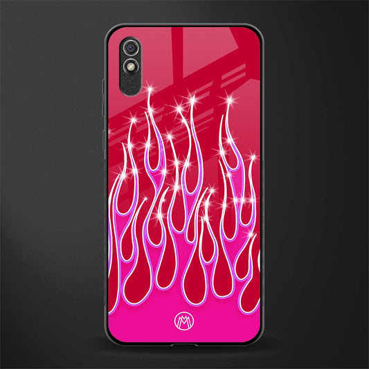 y2k magenta glittery flames glass case for redmi 9a image