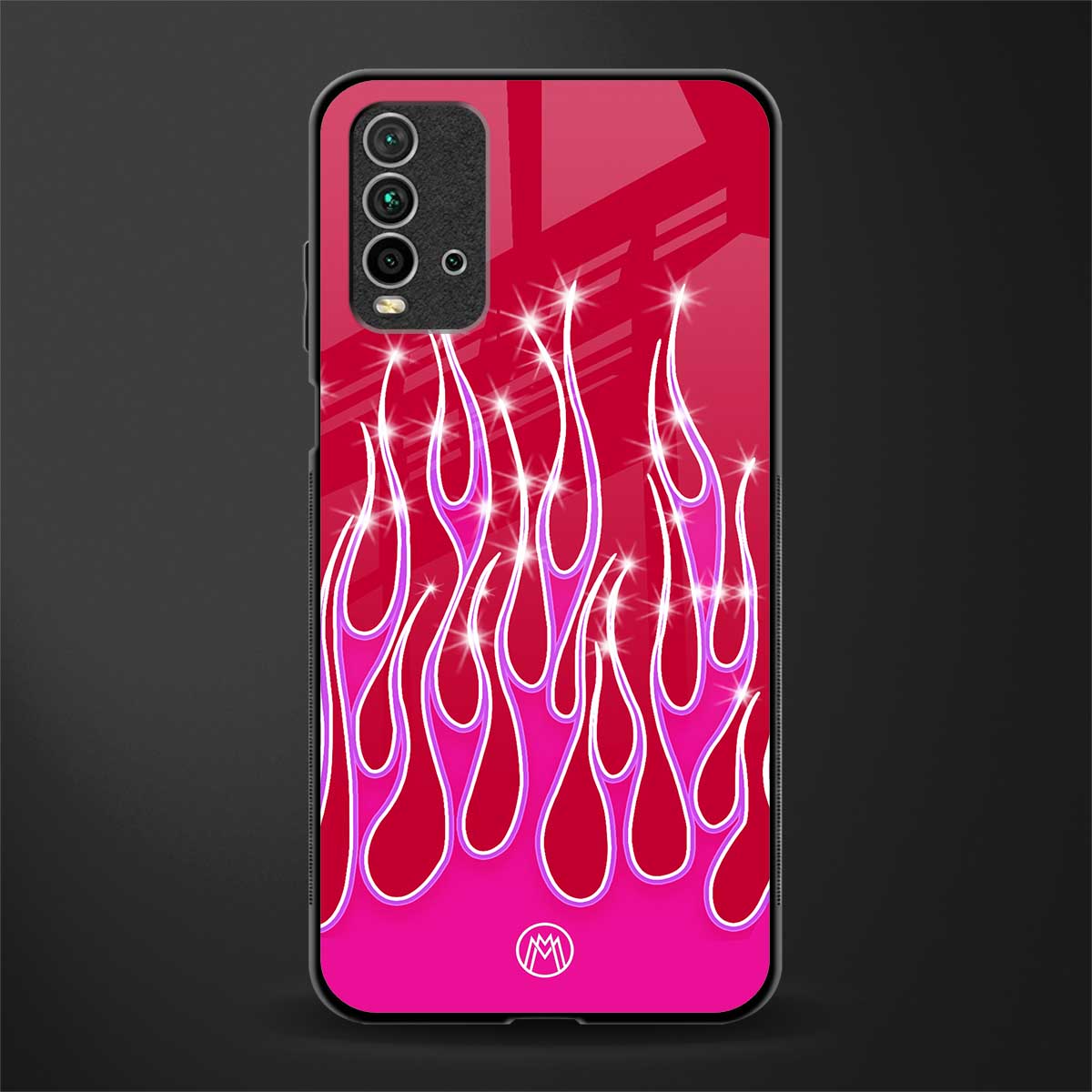 y2k magenta glittery flames glass case for redmi 9 power image