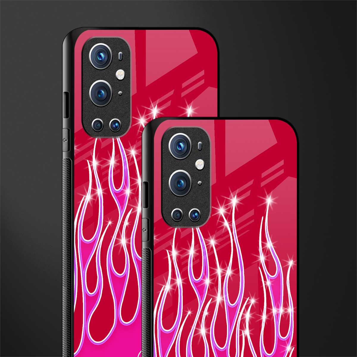 y2k magenta glittery flames glass case for oneplus 9 pro image-2