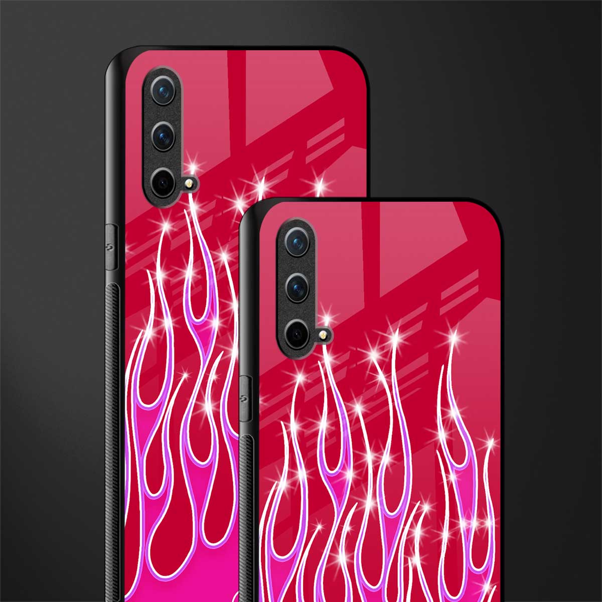y2k magenta glittery flames glass case for oneplus nord ce 5g image-2