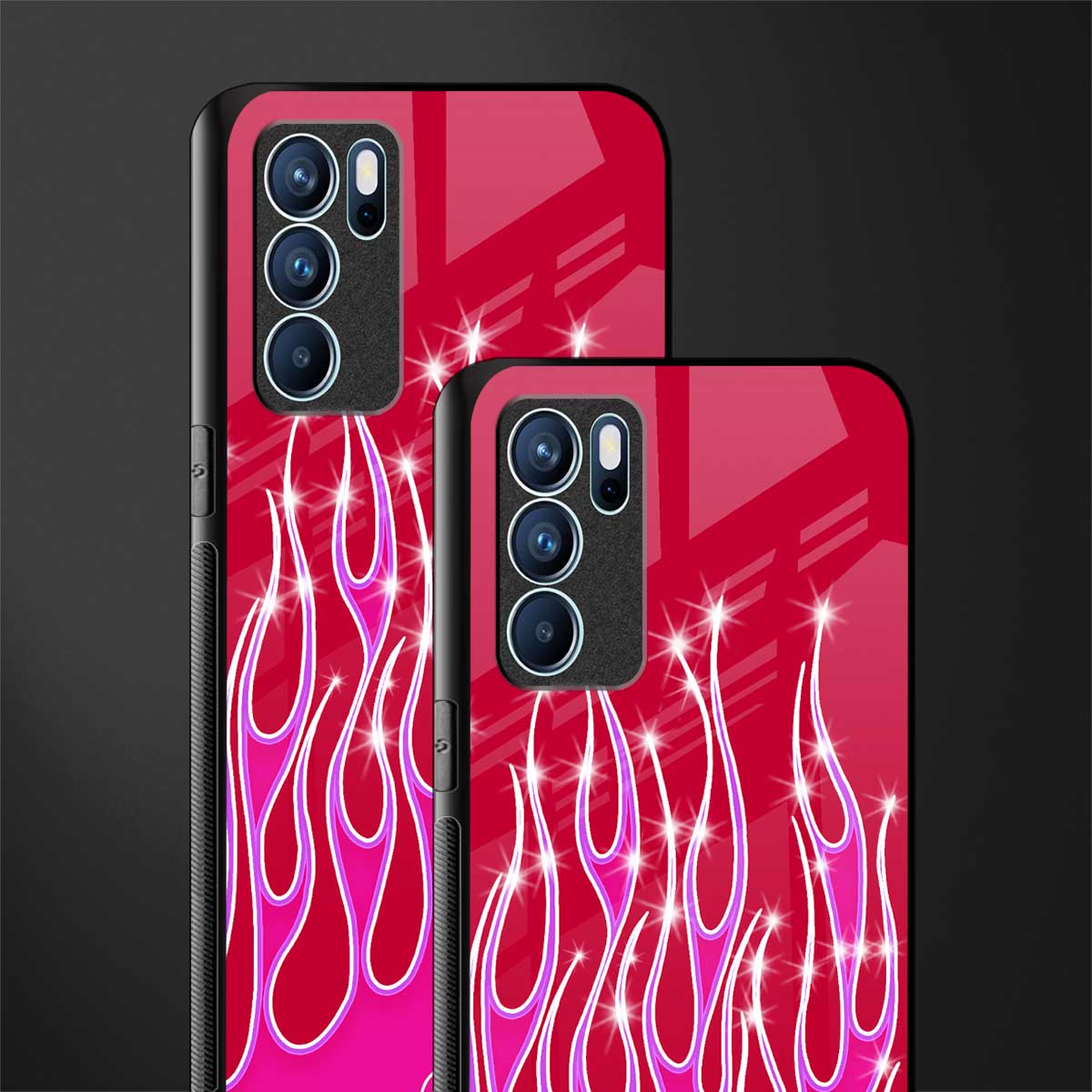 y2k magenta glittery flames glass case for oppo reno6 5g image-2