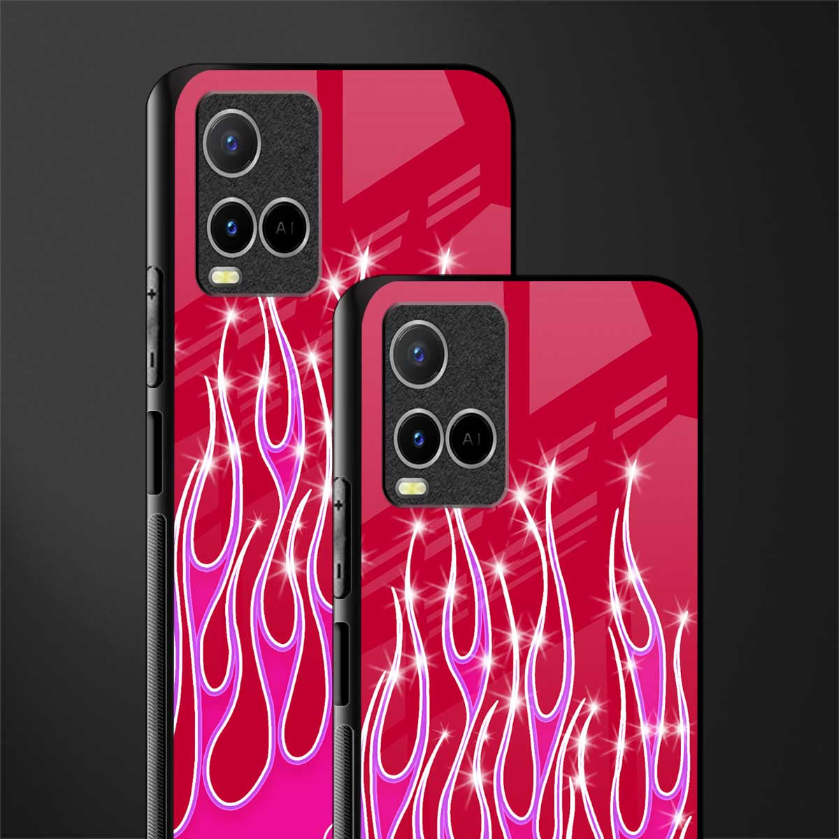 y2k magenta glittery flames glass case for vivo y33s vivo y33t image-2