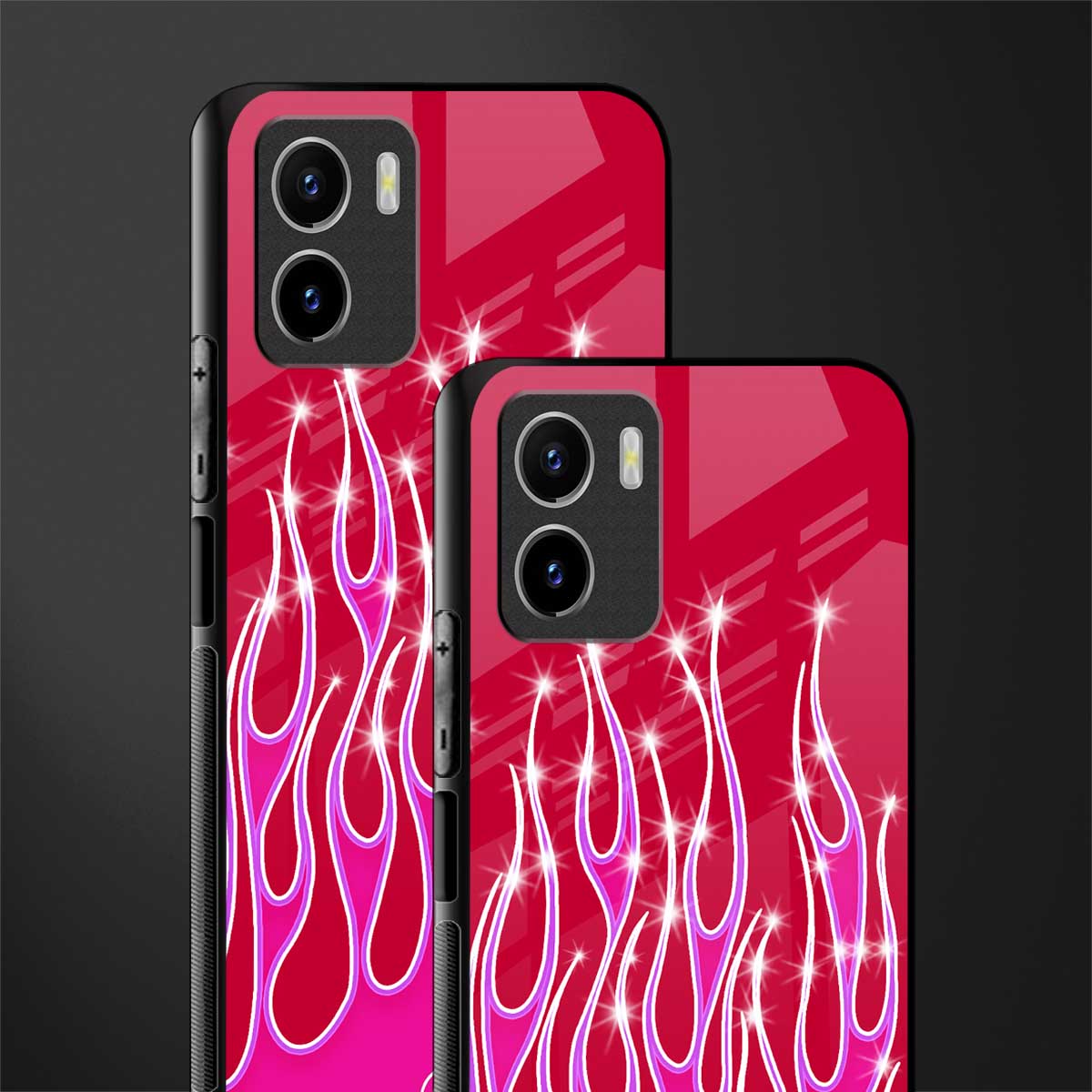 y2k magenta glittery flames glass case for vivo y15s image-2