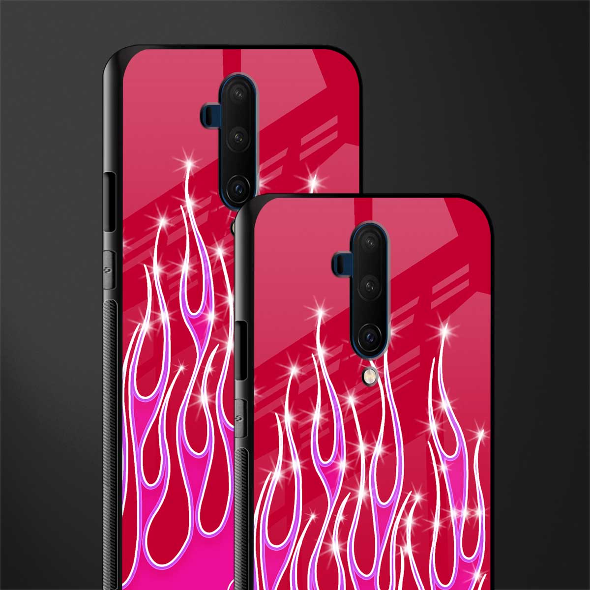 y2k magenta glittery flames glass case for oneplus 7t pro image-2