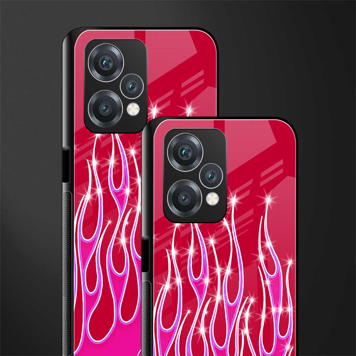y2k magenta glittery flames back phone cover | glass case for oneplus nord ce 2 lite 5g