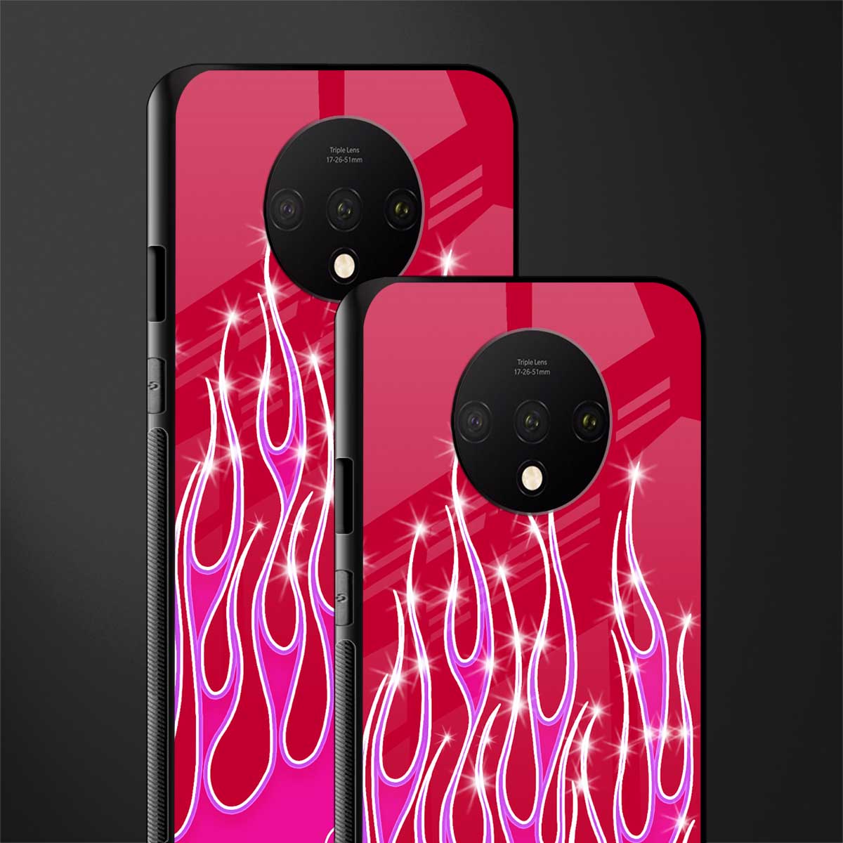 y2k magenta glittery flames glass case for oneplus 7t image-2