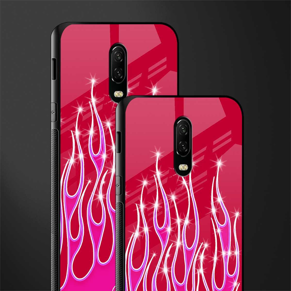 y2k magenta glittery flames glass case for oneplus 6t image-2
