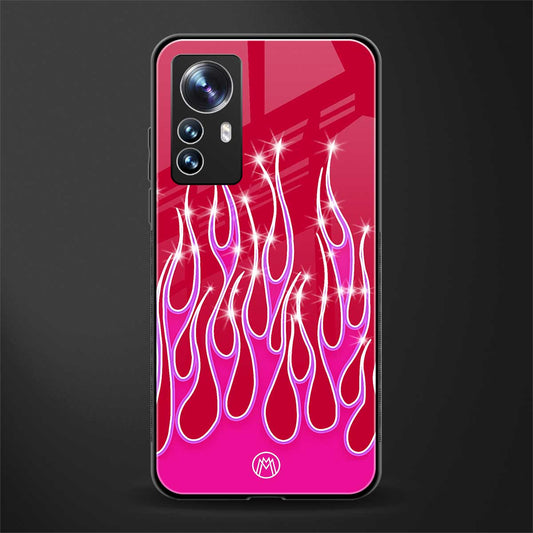y2k magenta glittery flames back phone cover | glass case for xiaomi 12 pro
