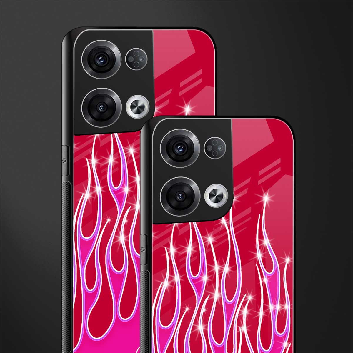 y2k magenta glittery flames back phone cover | glass case for oppo reno 8