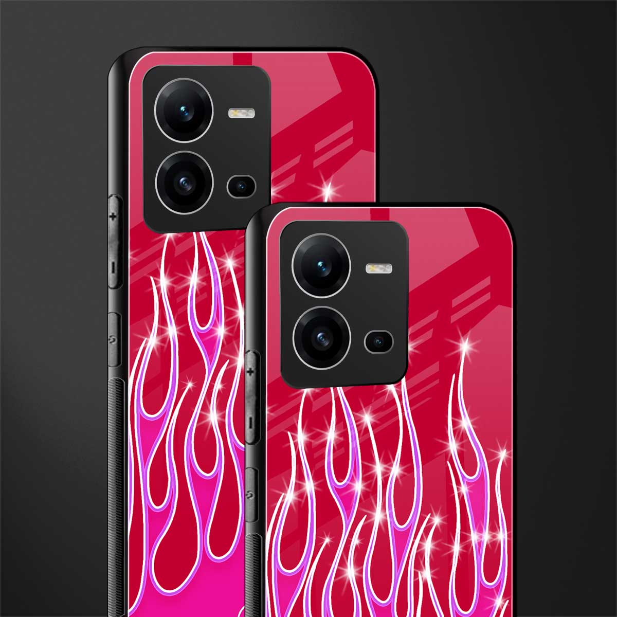 y2k magenta glittery flames back phone cover | glass case for vivo v25-5g