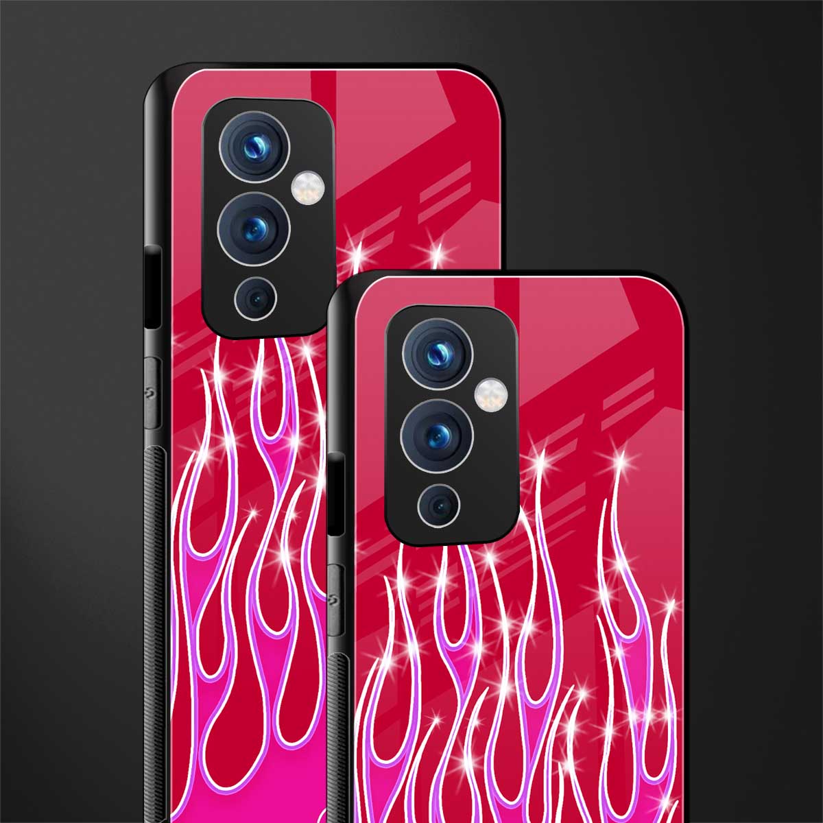 y2k magenta glittery flames back phone cover | glass case for oneplus 9