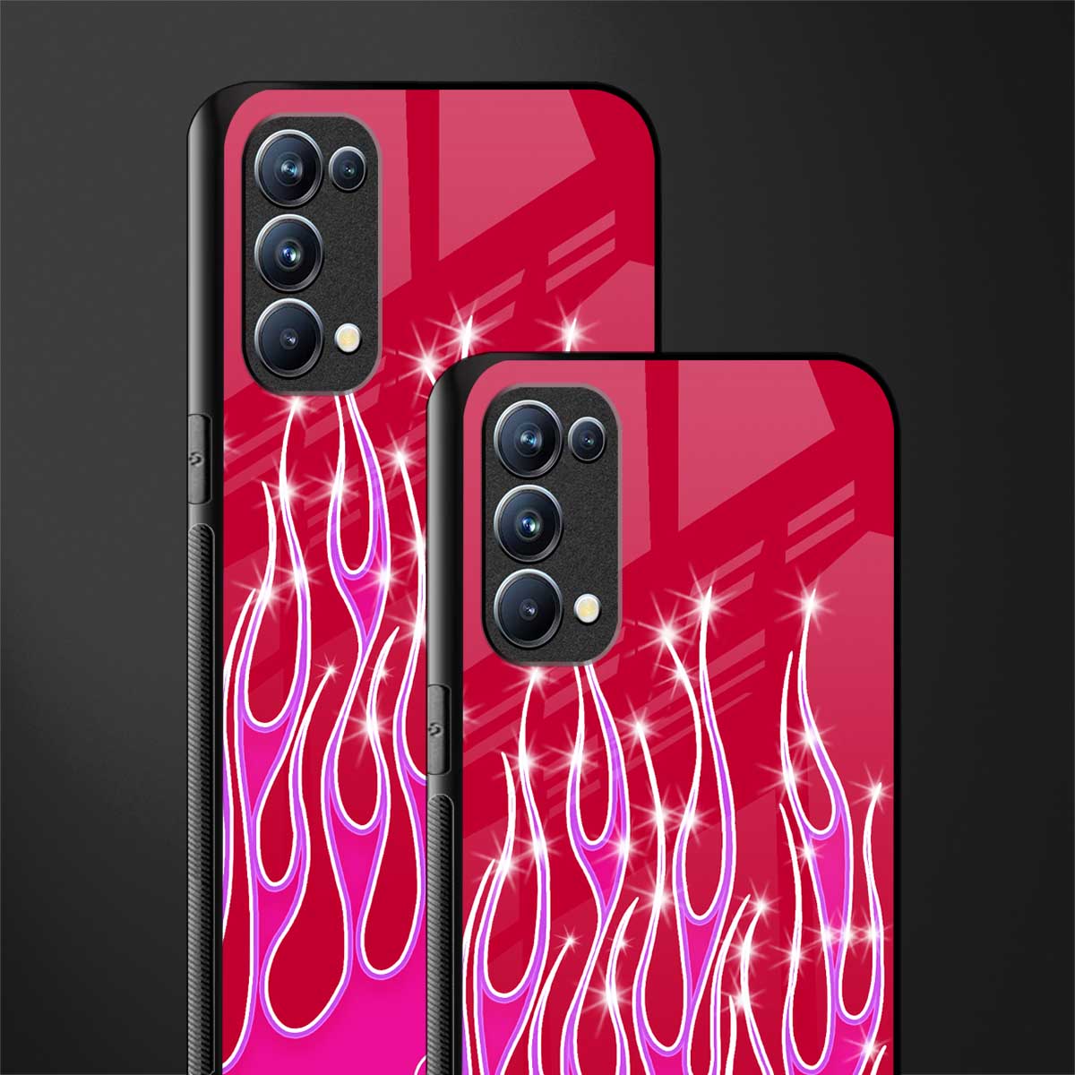 y2k magenta glittery flames back phone cover | glass case for oppo reno 5