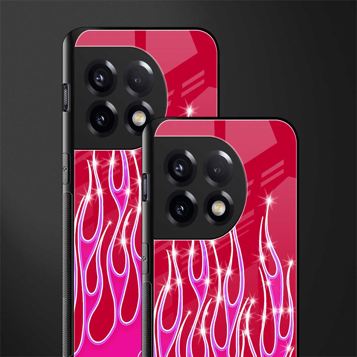 y2k magenta glittery flames back phone cover | glass case for oneplus 11r