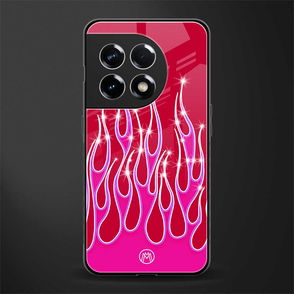 y2k magenta glittery flames back phone cover | glass case for oneplus 11r