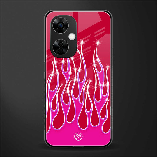 y2k magenta glittery flames back phone cover | glass case for oneplus nord ce 3 lite