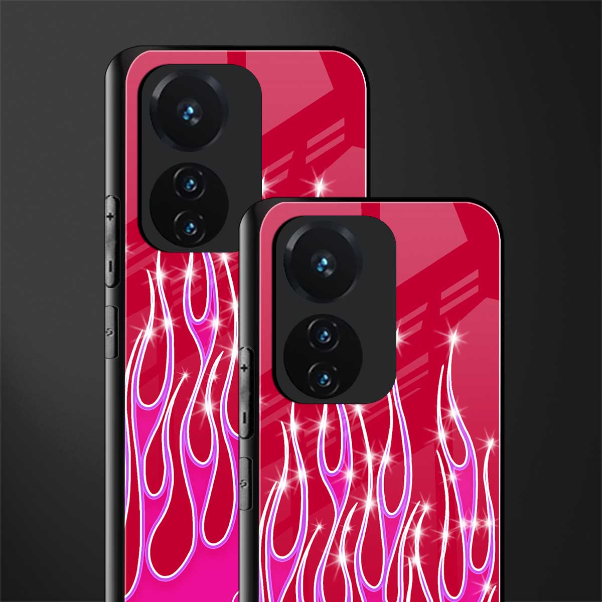 y2k magenta glittery flames back phone cover | glass case for vivo t1 44w 4g