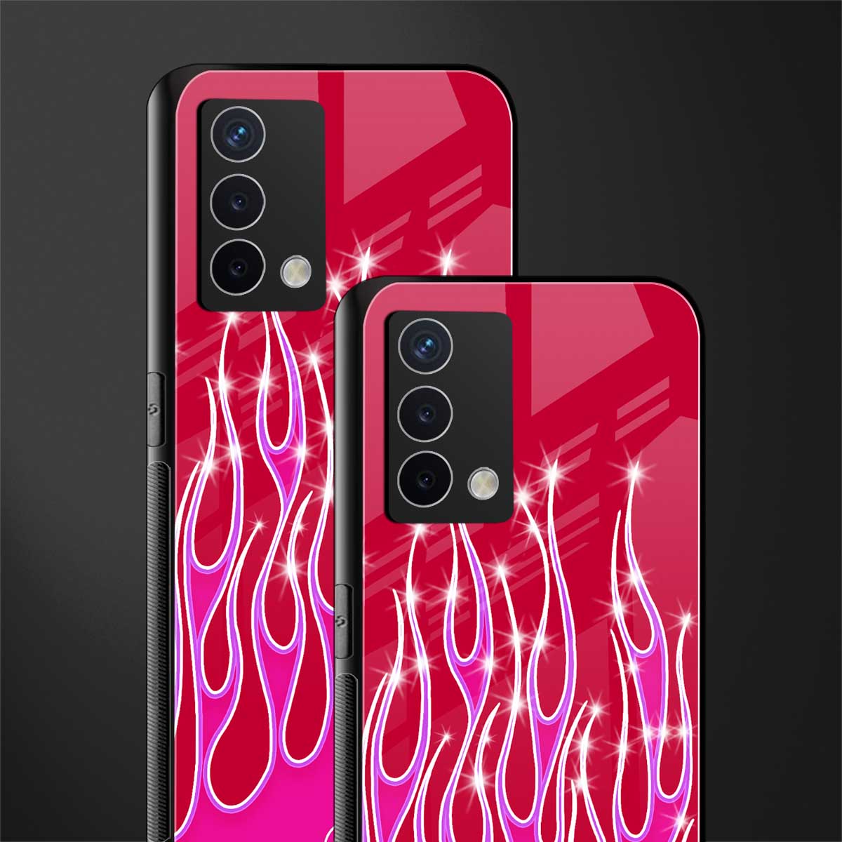 y2k magenta glittery flames back phone cover | glass case for oppo a74 4g