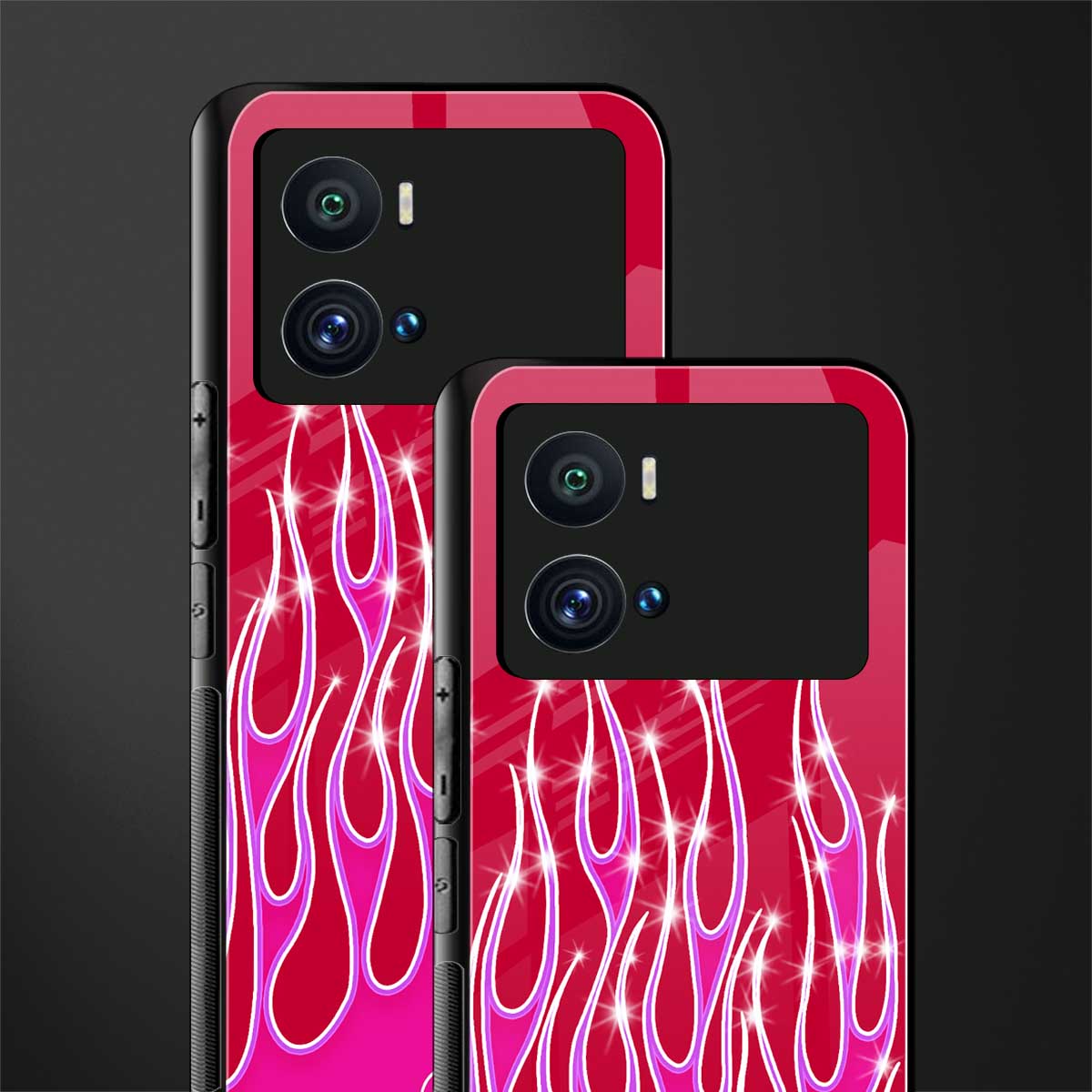 y2k magenta glittery flames back phone cover | glass case for iQOO 9 Pro