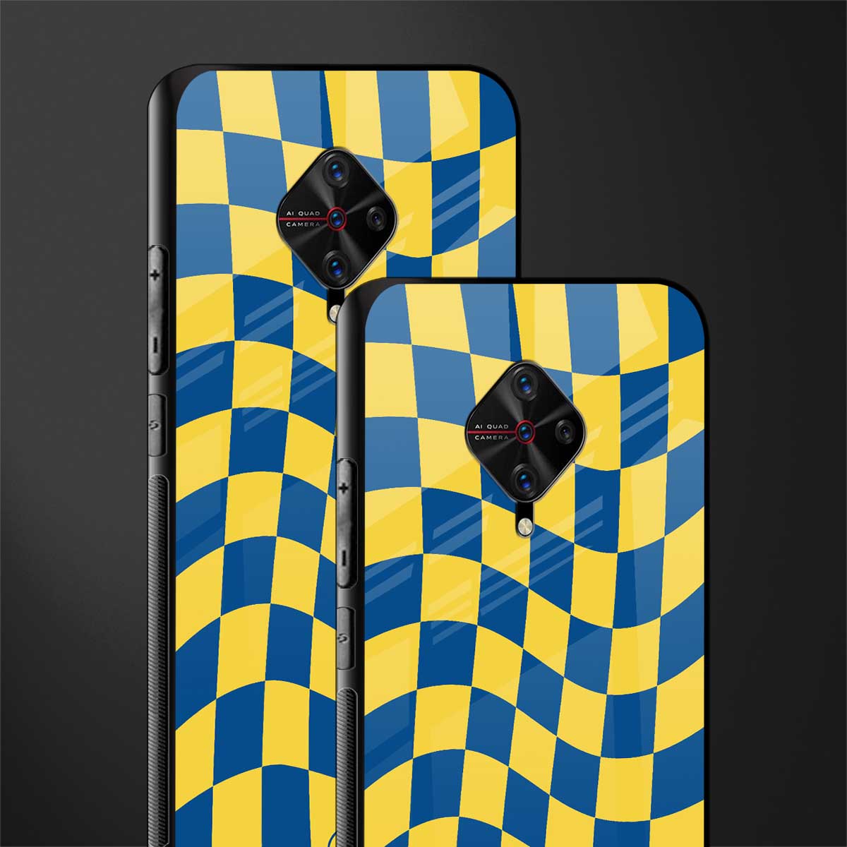 yellow blue trippy check pattern glass case for vivo s1 pro image-2