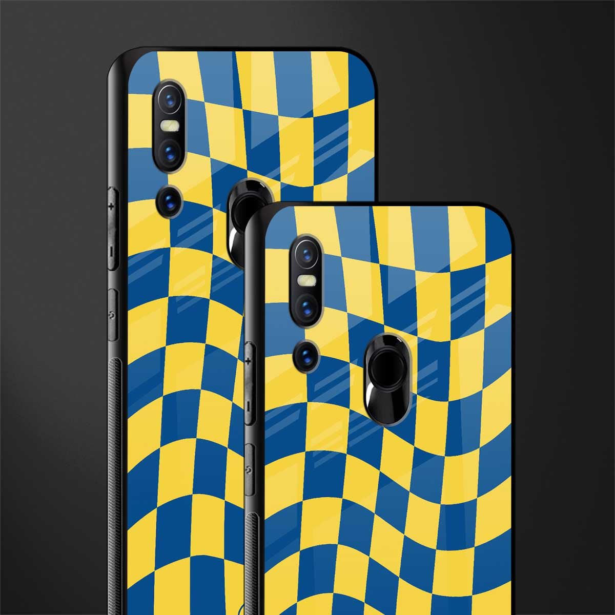 yellow blue trippy check pattern glass case for vivo v15 image-2
