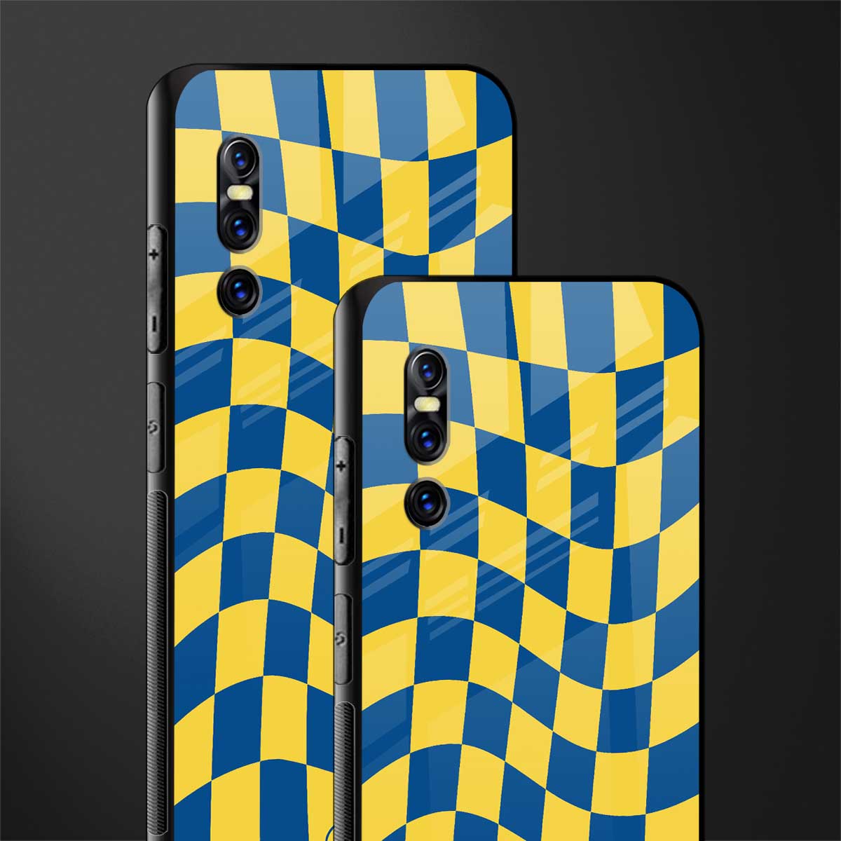 yellow blue trippy check pattern glass case for vivo v15 pro image-2
